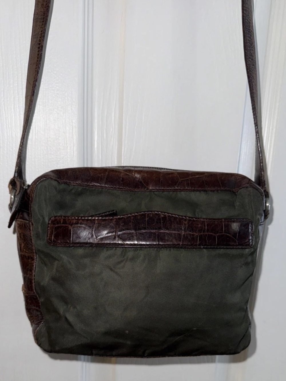 Prada Milano Vintage Crossbody Bag Green Nylon With Brown Leather Trim & Strap